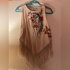 Free People Cream Embroidered Fringe Top